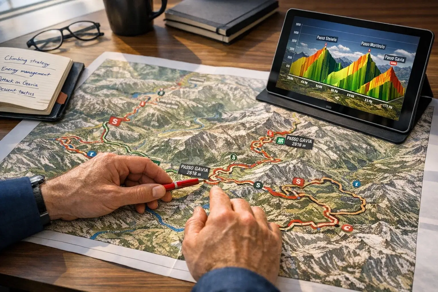 Analista sportivo che studia una mappa topografica del percorso di una gara ciclistica