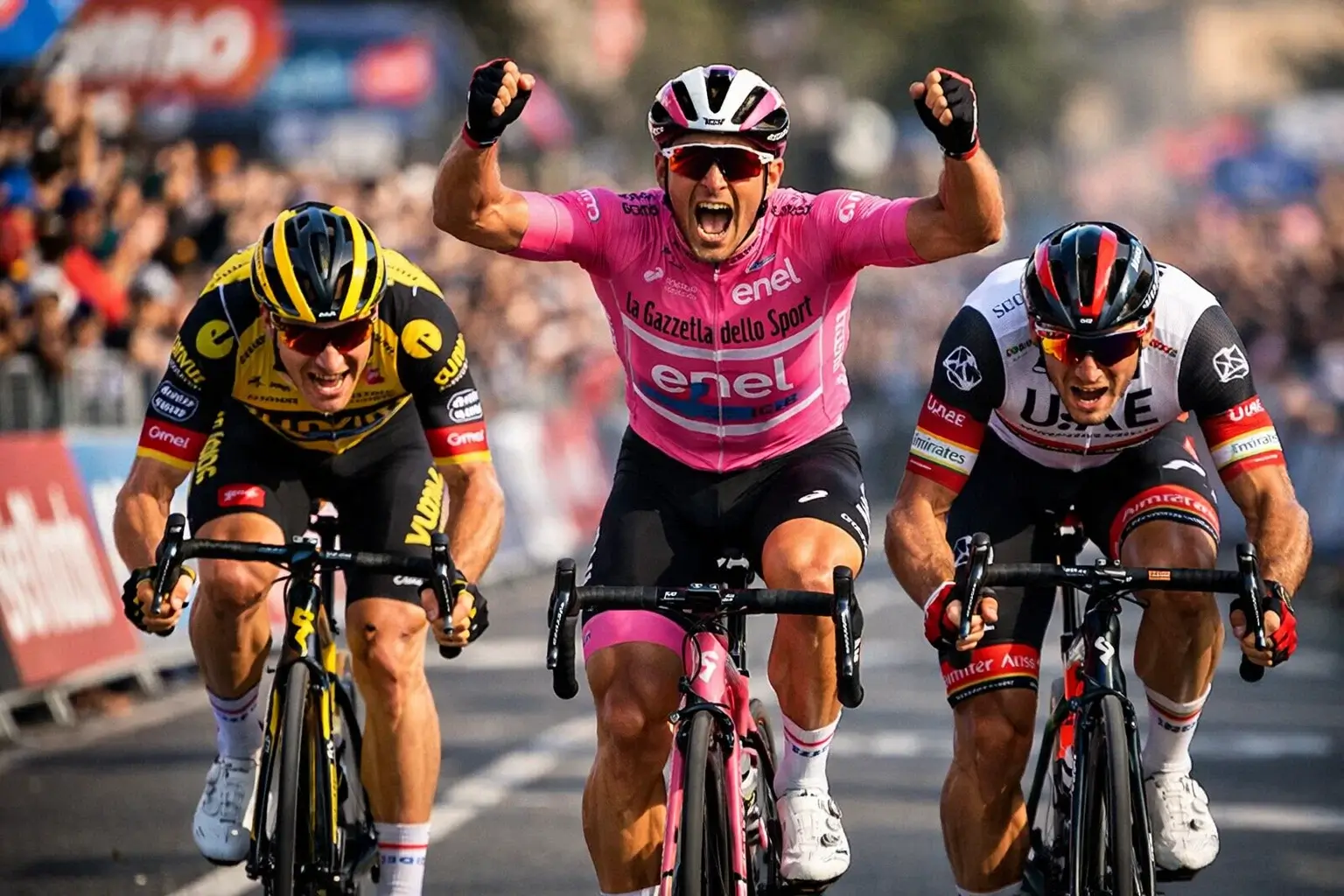 Ciclisti professionisti in uno sprint finale emozionante al traguardo del Giro d'Italia