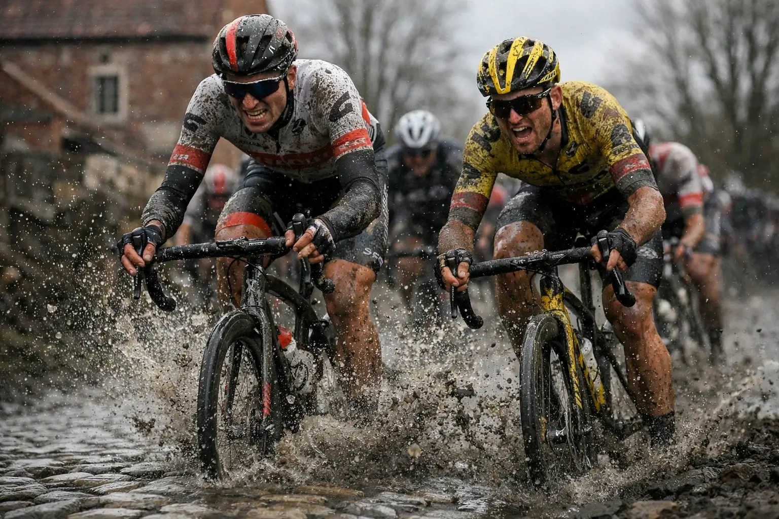 Ciclisti professionisti in azione sul pavé bagnato durante una classica primaverile, fango e fatica