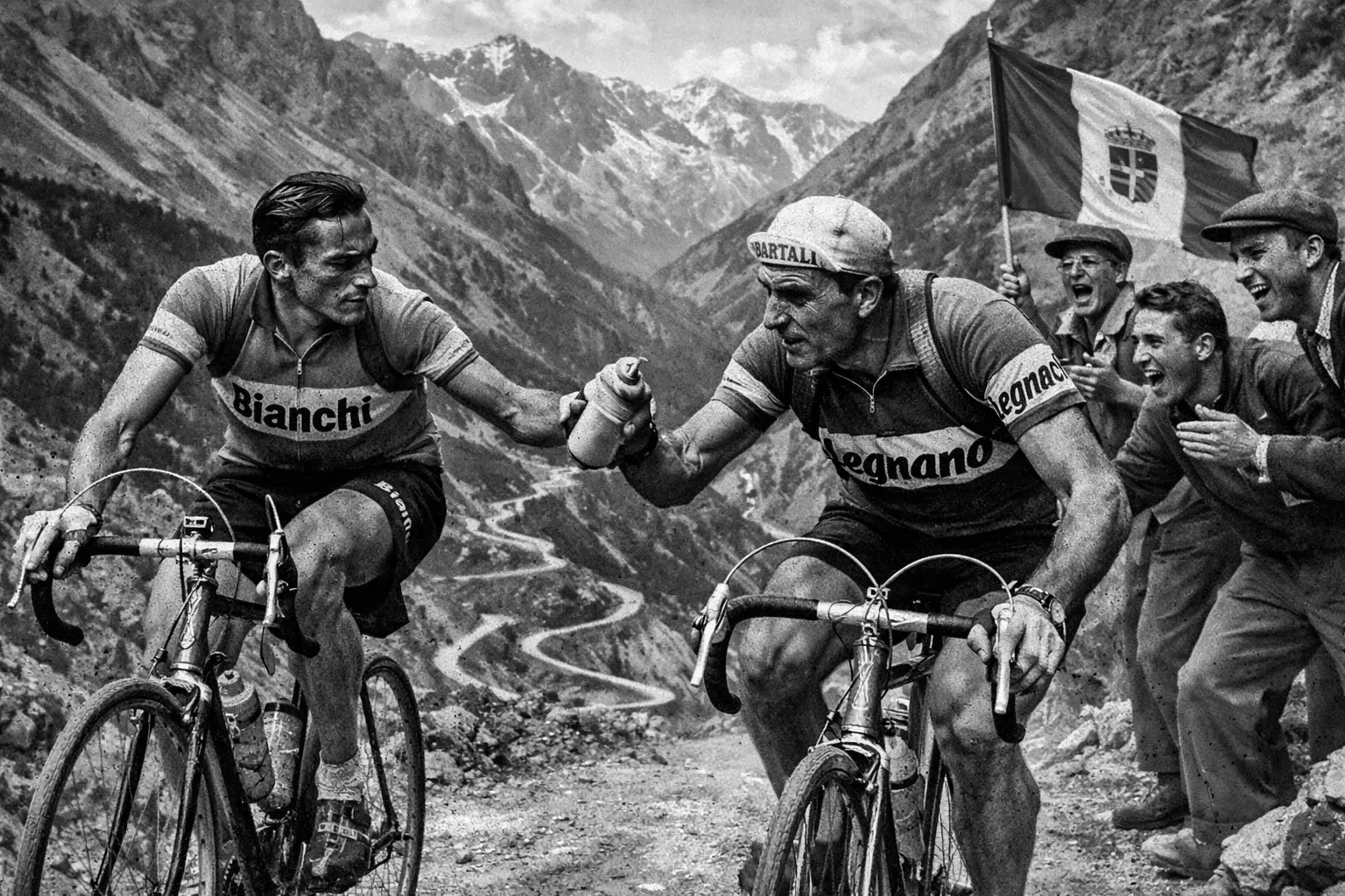 Duello leggendario tra Coppi e Bartali sulle salite alpine del Giro d'Italia