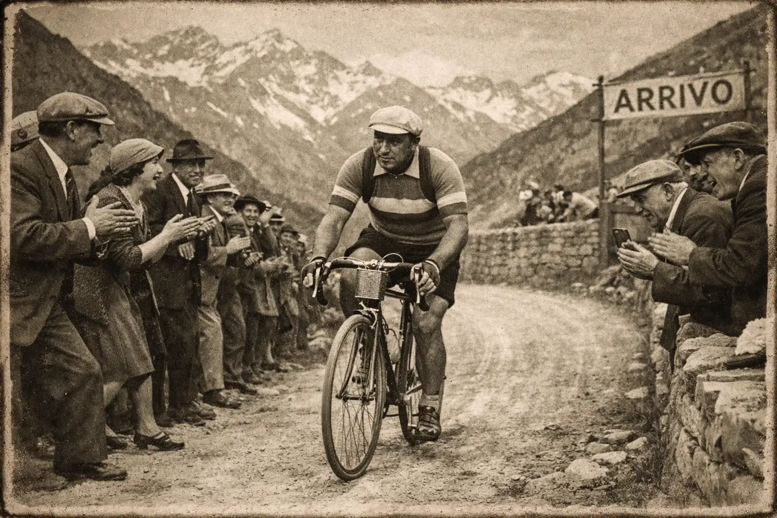Ciclista dell'era di Binda e Girardengo in maglia italiana sulle Alpi negli anni 1920-1930