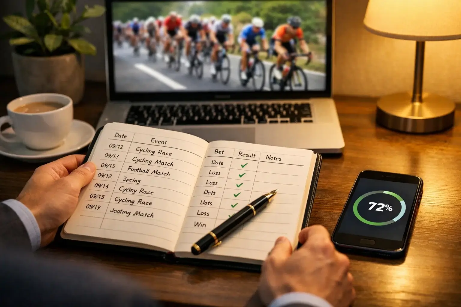 Persona che gestisce un registro organizzato delle scommesse con notebook e penna di qualità