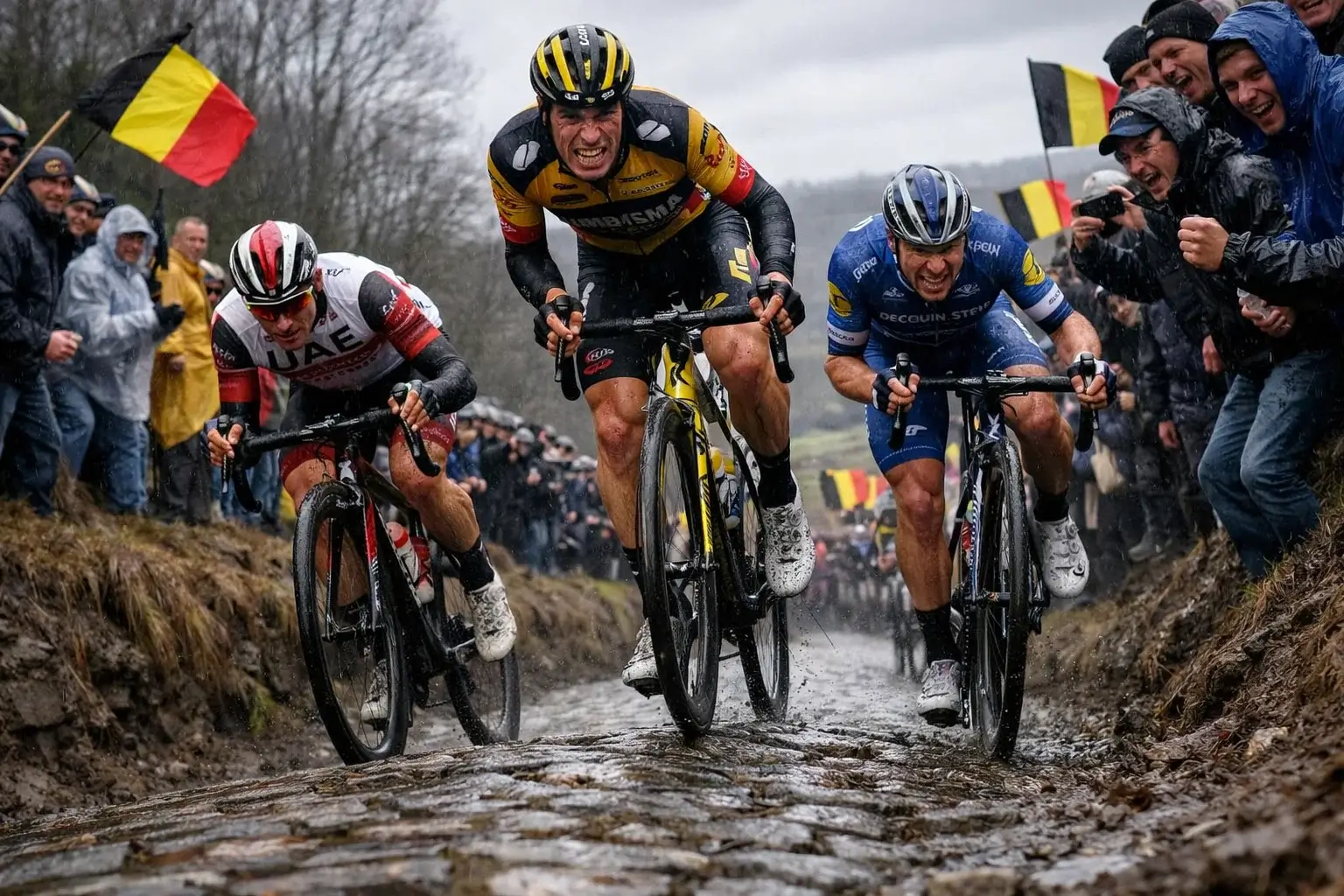 Ciclisti che affrontano il ripido muro del Koppenberg durante il Giro delle Fiandre