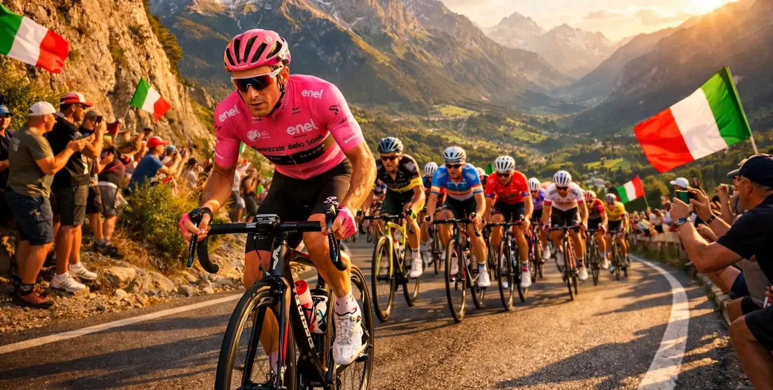 Ciclisti professionisti in gara al Giro d'Italia con maglia rosa in testa sulle montagne italiane