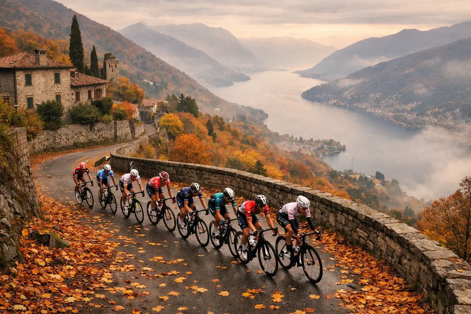 Ciclisti in gara durante il Giro di Lombardia con paesaggio autunnale e foglie dorate