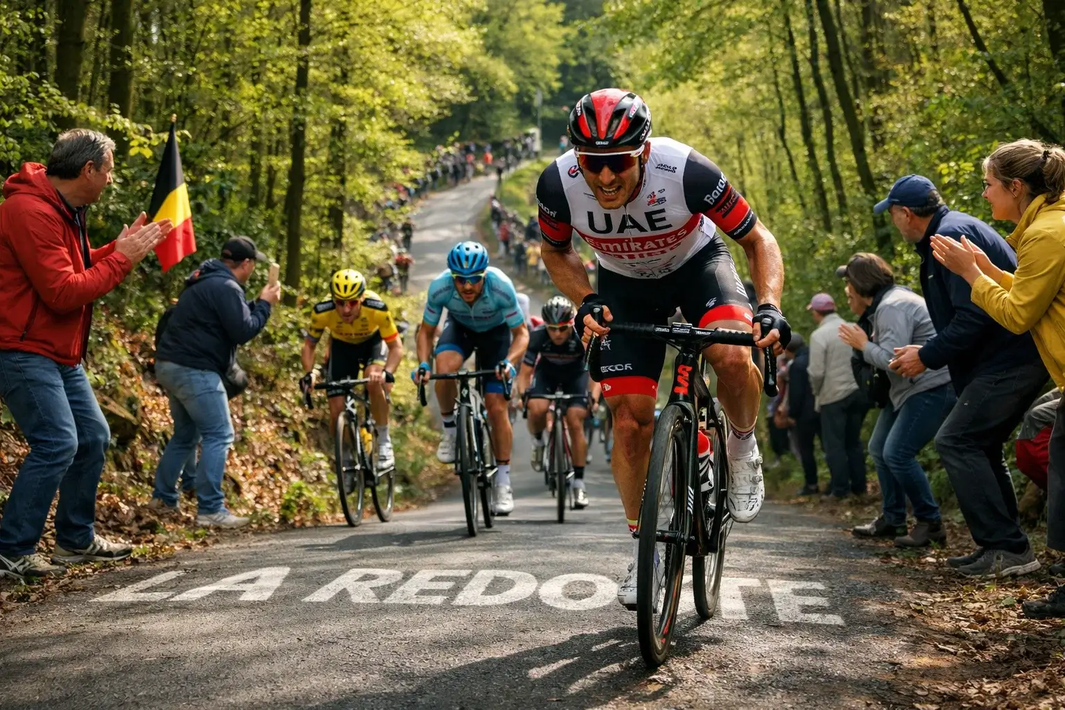 Ciclisti in attacco sulle côtes delle Ardenne durante la Liegi-Bastogne-Liegi
