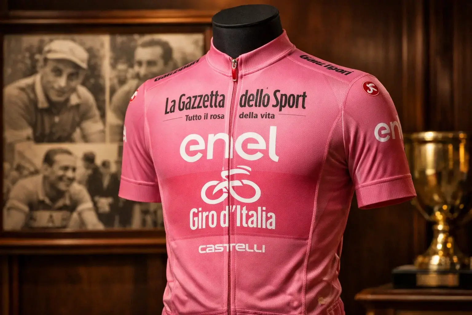 La storica maglia rosa del Giro d'Italia esposta con foto vintage dei campioni leggendari