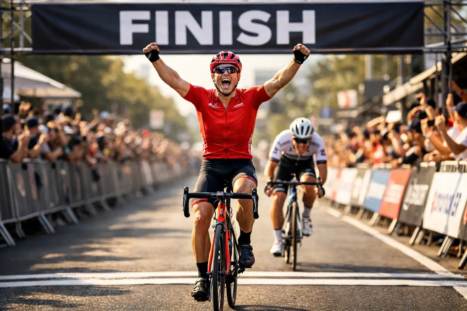 Ciclista che taglia il traguardo con le braccia alzate in segno di vittoria