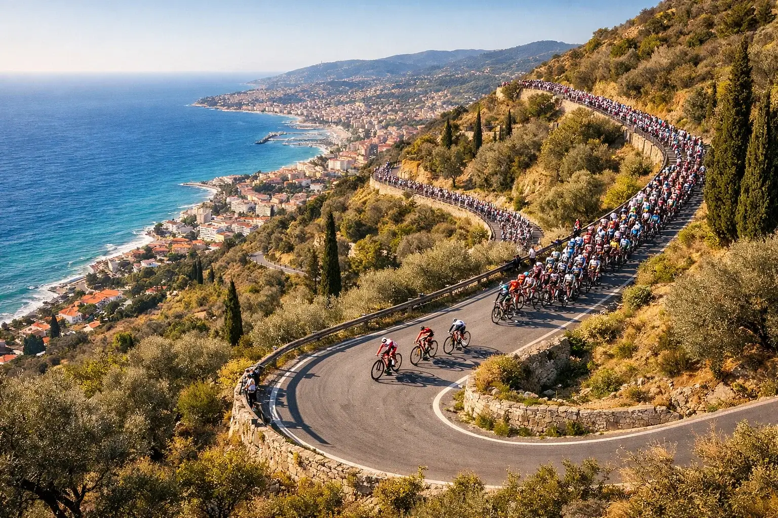 Vista panoramica del Poggio durante la Milano-Sanremo con la Riviera Ligure sullo sfondo