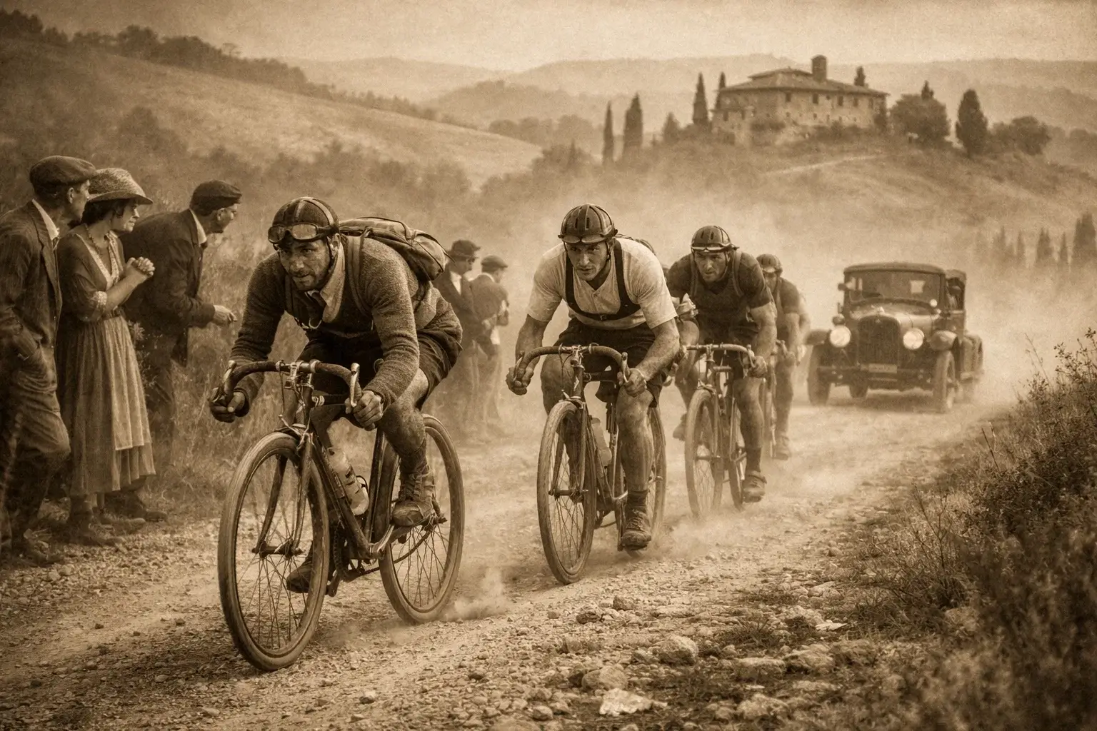 Pionieri del ciclismo italiano su biciclette d'epoca nelle prime gare del Giro d'Italia