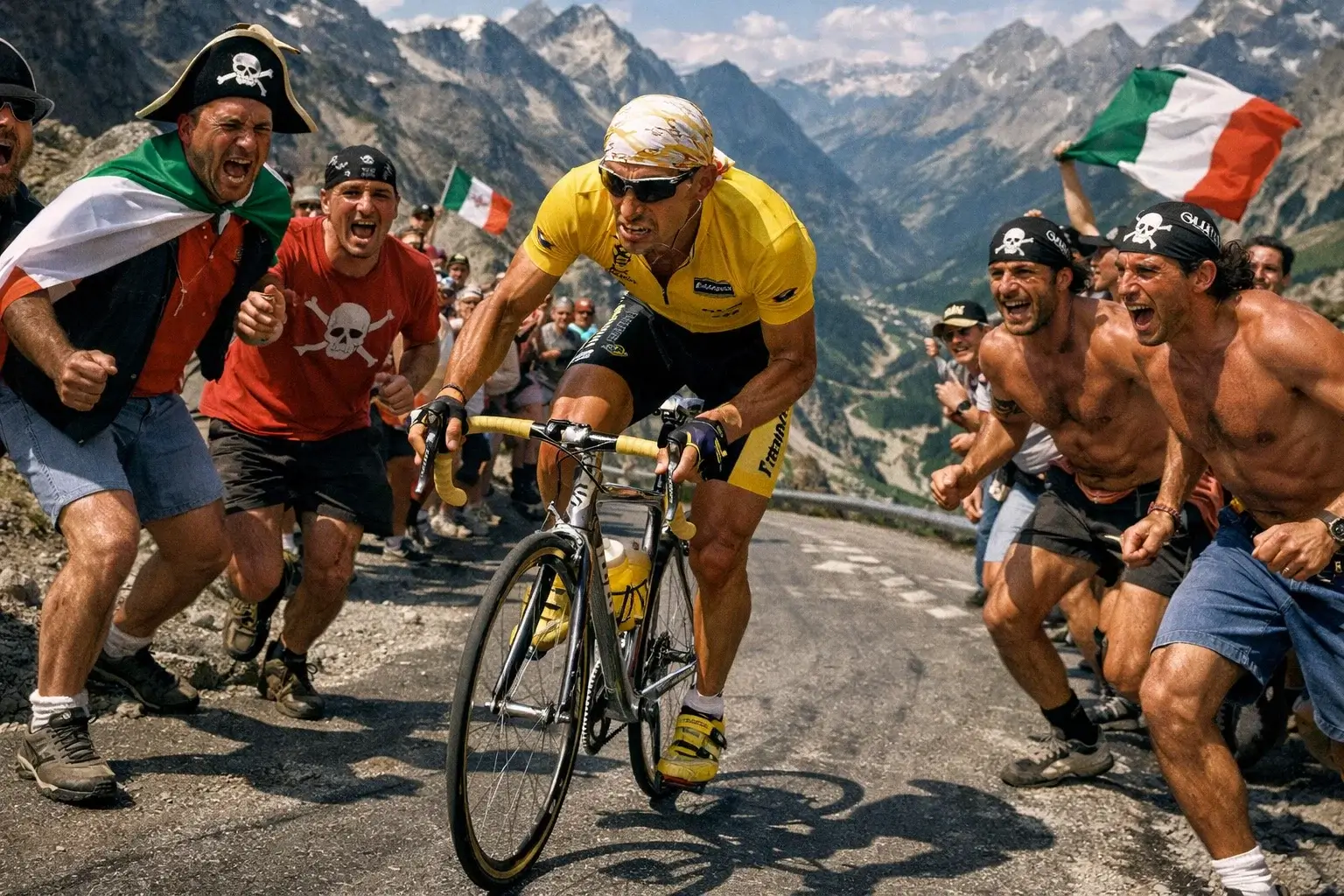 Marco Pantani Il Pirata in attacco solitario sulle Alpi con la bandana sotto il casco