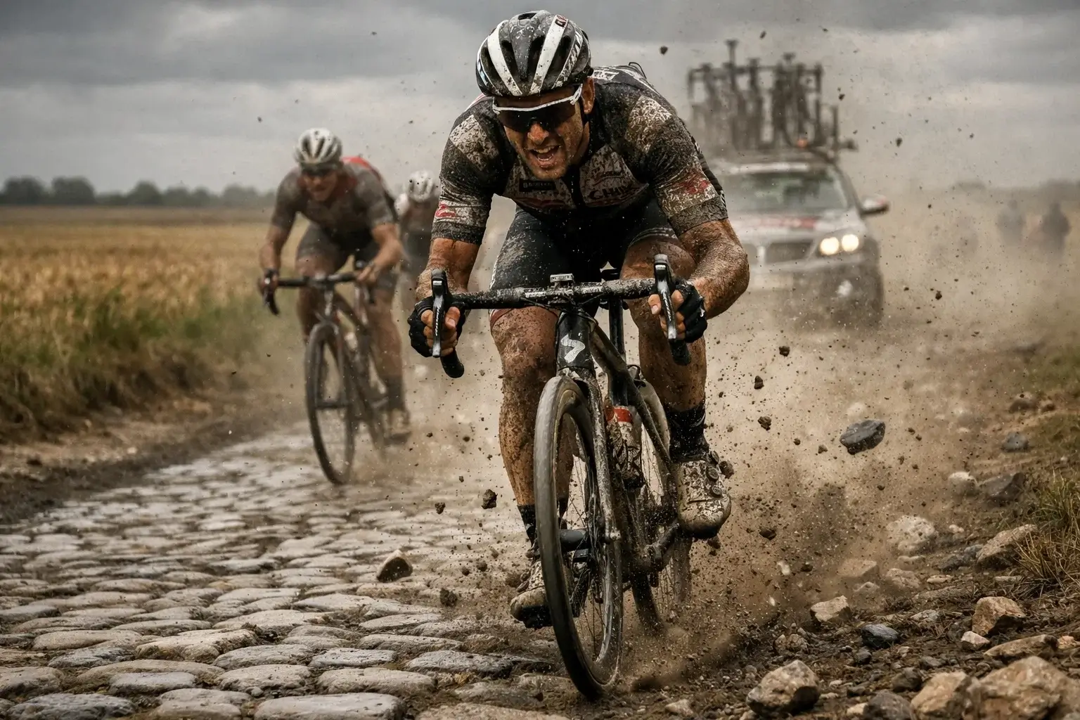 Ciclisti in lotta sul pavé durante la Parigi-Roubaix, l'Inferno del Nord