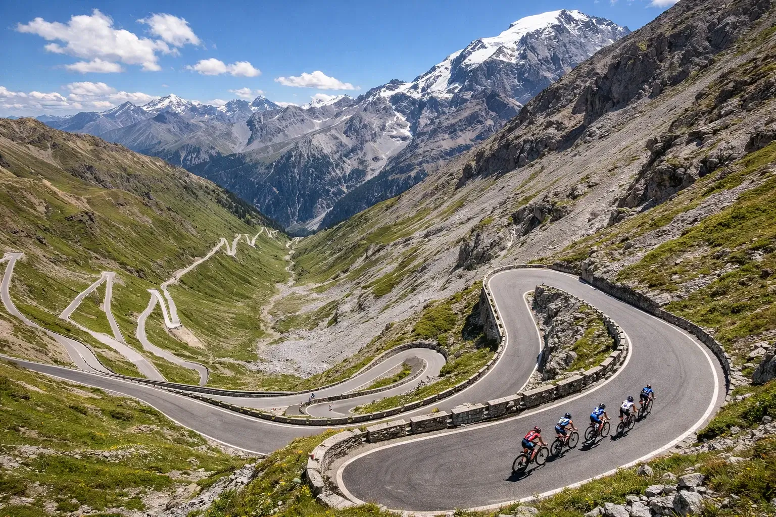 Vista aerea dello Stelvio con tornanti iconici del percorso del Giro d'Italia nelle Alpi italiane