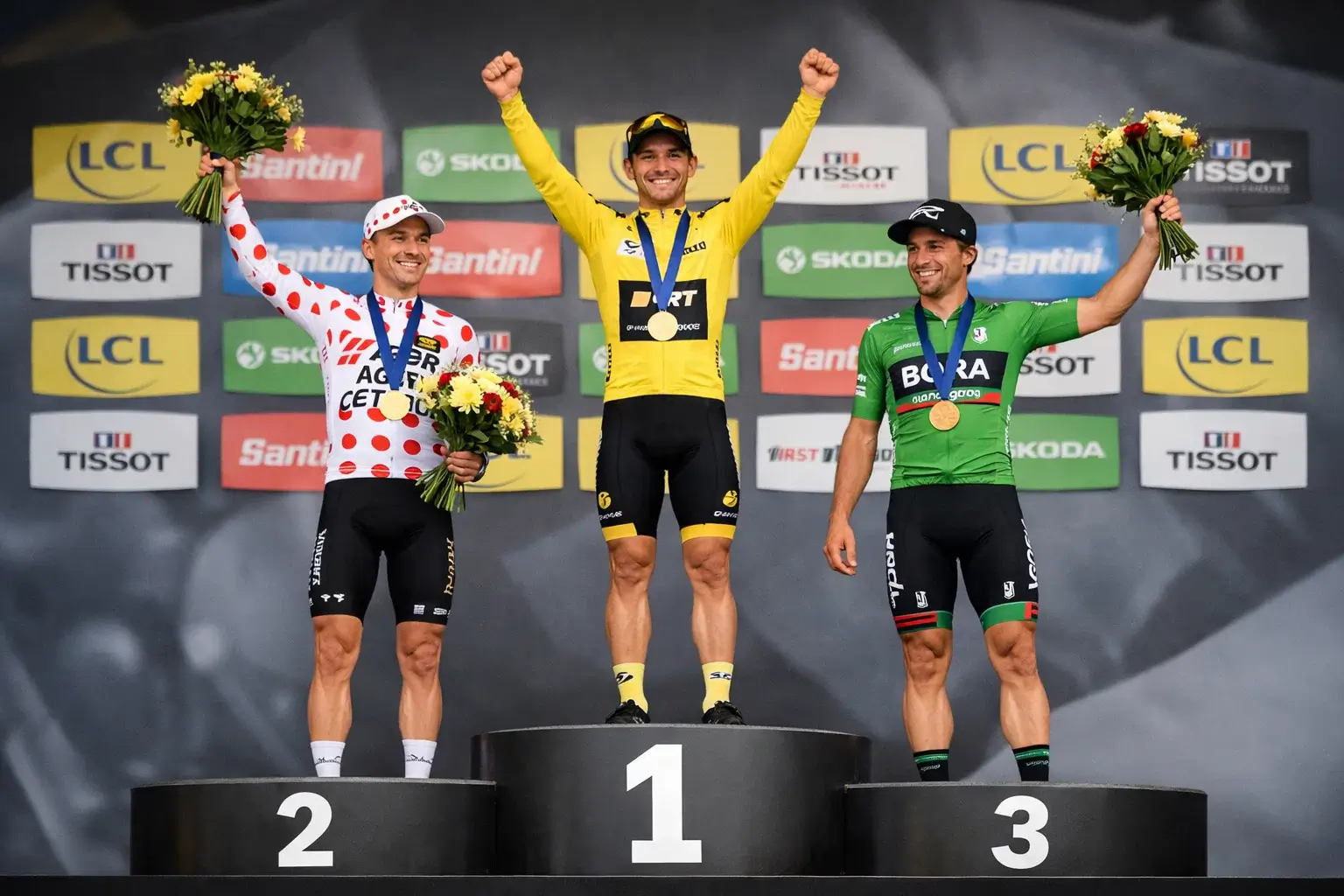 Cerimonia del podio con tre ciclisti premiati al primo, secondo e terzo posto