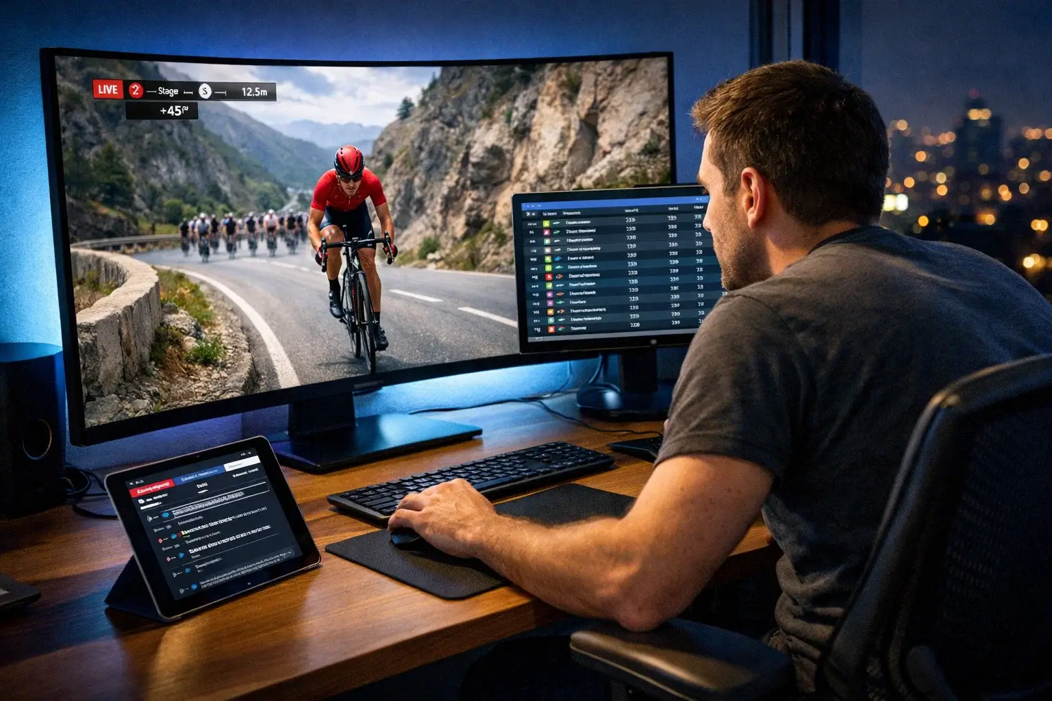 Persona concentrata che segue una gara ciclistica in diretta su monitor multipli per scommesse live