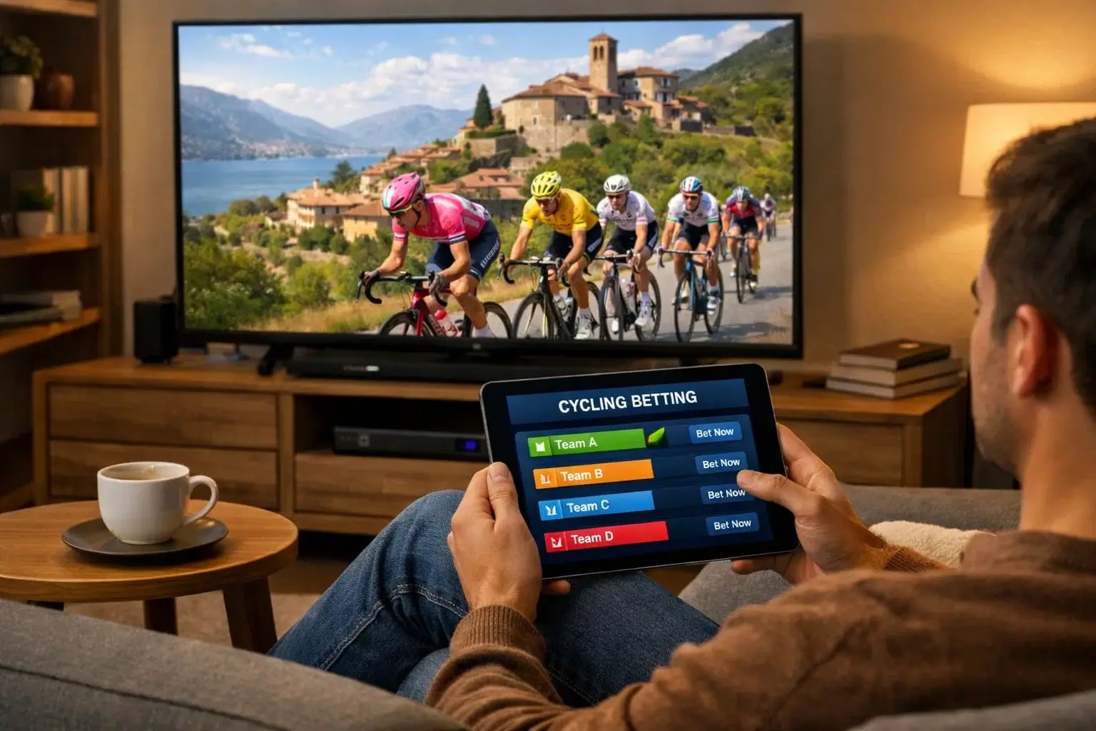 Persona che segue le scommesse live sul ciclismo da casa guardando il Giro d'Italia in TV