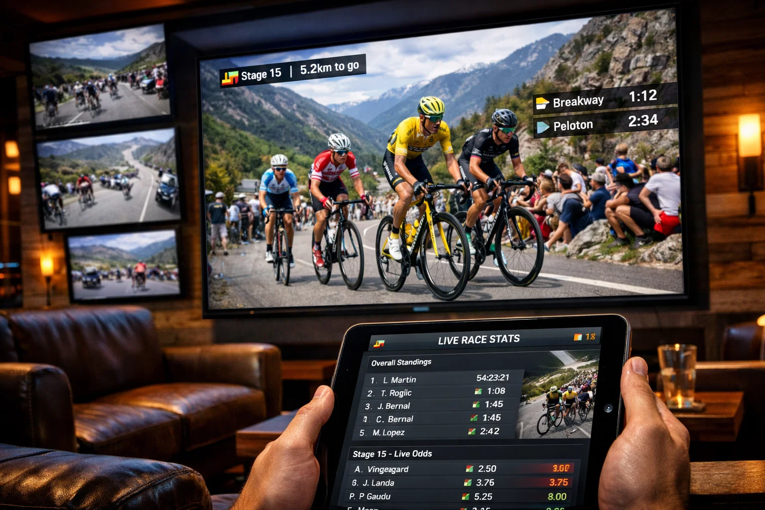 Esperienza di visione di una gara ciclistica in diretta con schermi multipli e dati in tempo reale