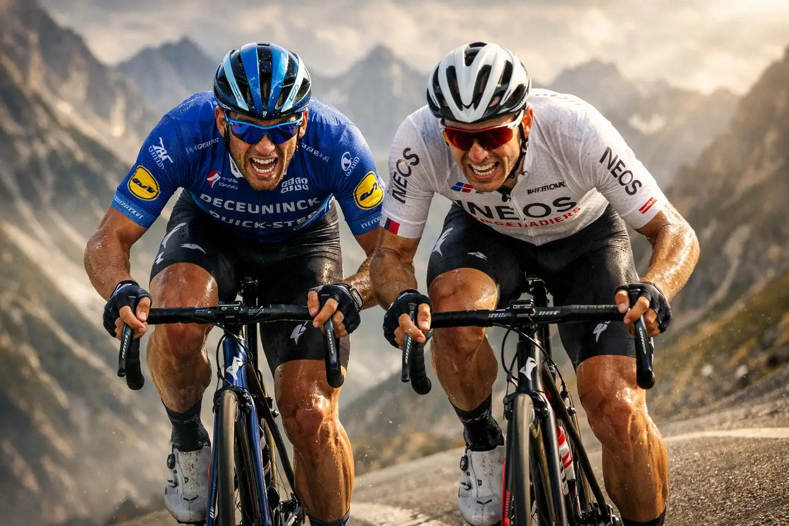 Due ciclisti professionisti in duello fianco a fianco su una strada di montagna