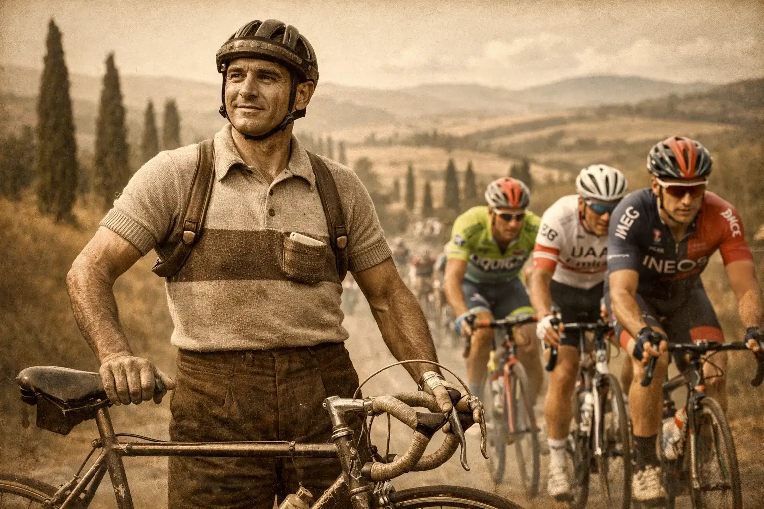 Le leggende del ciclismo italiano attraverso le epoche, dal ciclismo vintage degli anni '50 ai campioni moderni