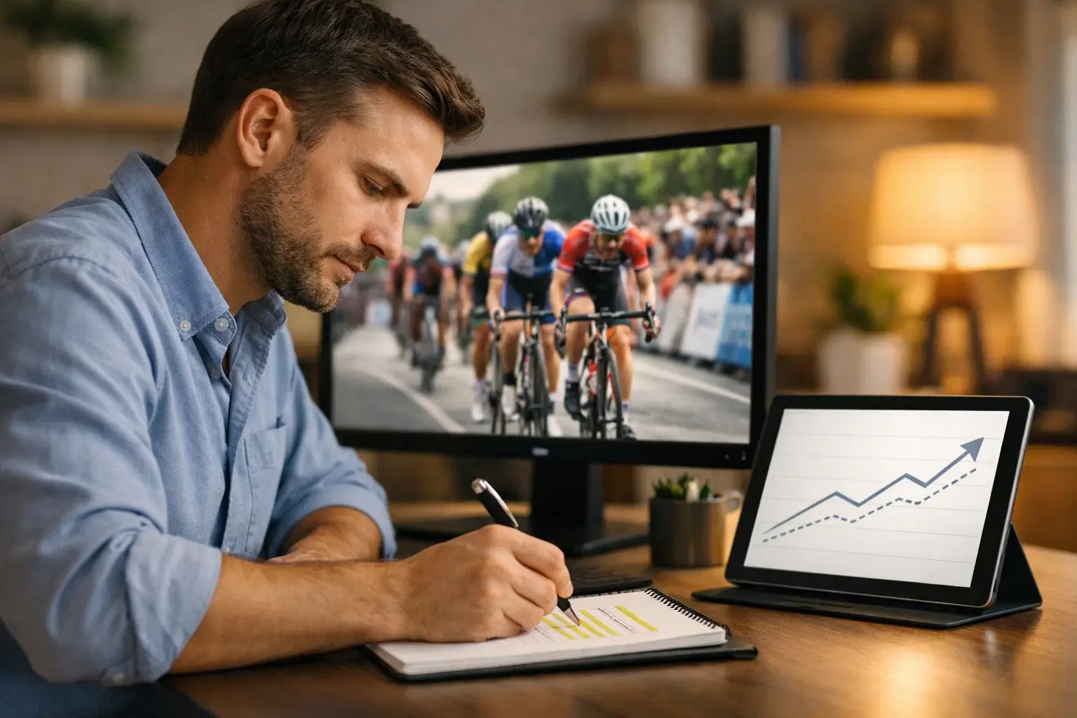 Analista professionista che studia le corse ciclistiche con appunti e grafici di performance