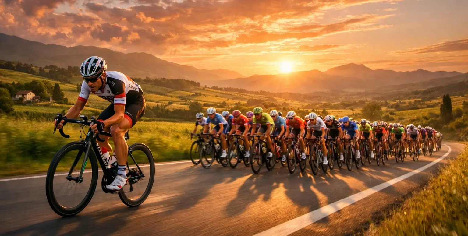 Gruppo di ciclisti professionisti in gara al tramonto su strada panoramica europea