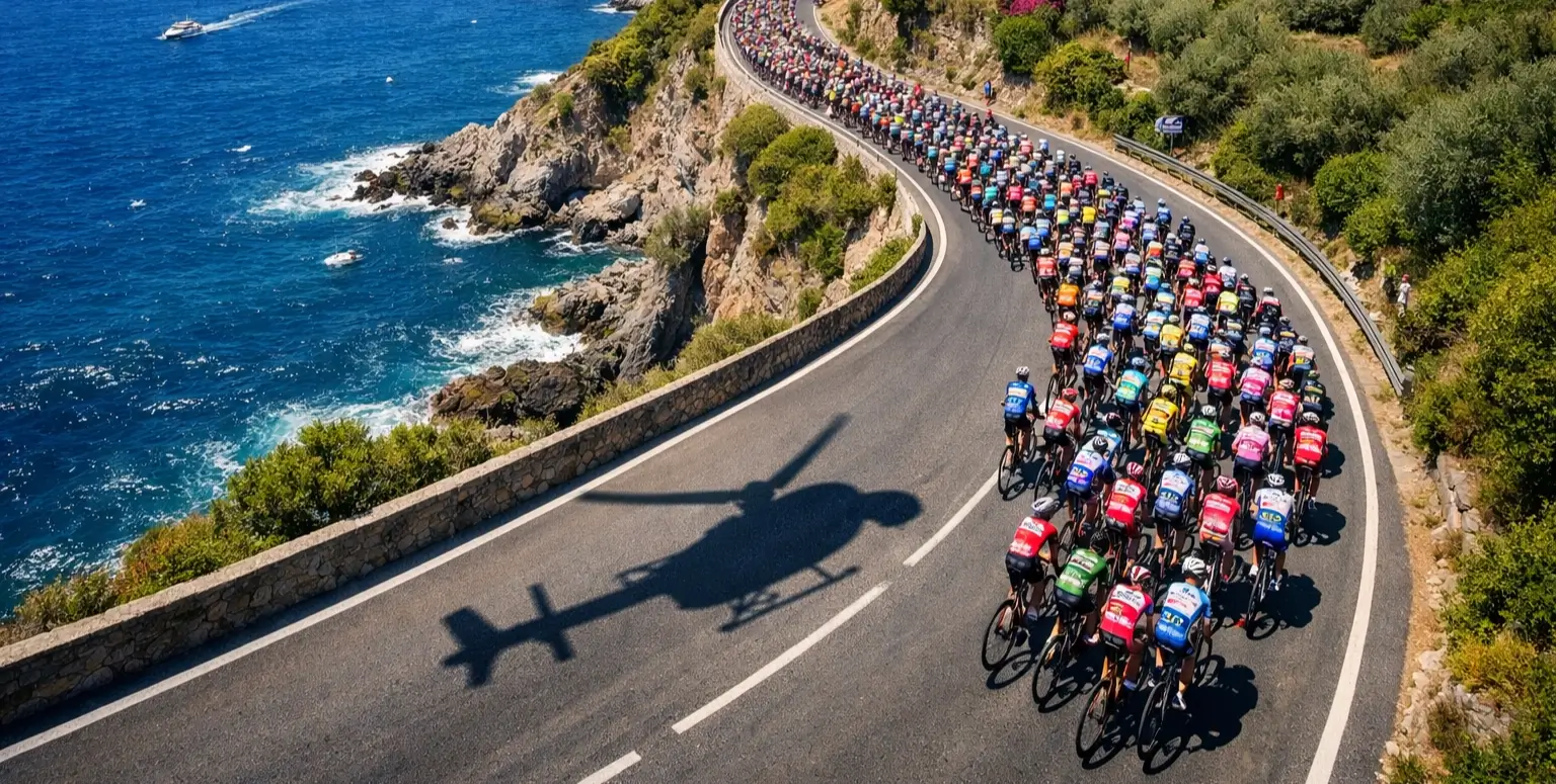 Vista aerea del gruppo di ciclisti professionisti in gara lungo la costa italiana